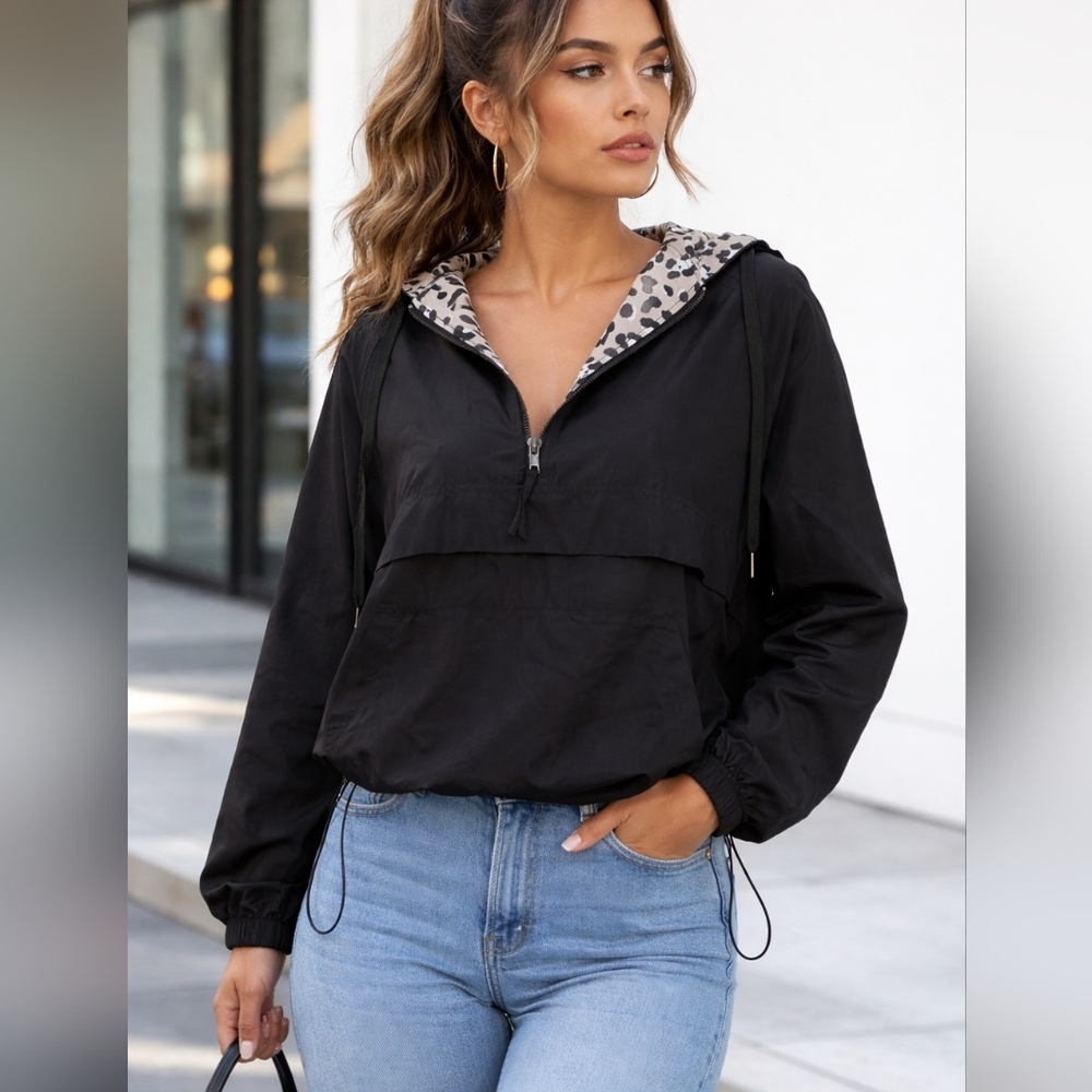 PEPPER & ZOE/ Black Quarter Zip with Leopard Print Lining On Hood/ Size US S